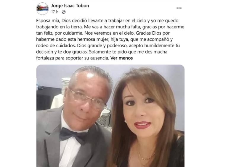 Jorge Isaac Tobón y su esposa, Ana Ludivia Bernal Arciniegas, quien murió tras el colapso del edificio donde vivía en Cali durante el terremoto. Foto: redes sociales Jorge Isaac Tobón