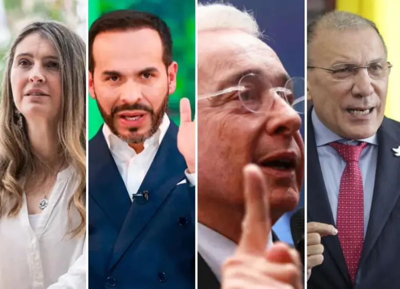 Paloma Valencia (candidata), Abelardo de la Espriella (candidato), Álvaro Uribe (líder del Centro Democrático, el partido de Valencia) y Roy Barreras (candidato). FOTOS: COLPRENSA Y EL COLOMBIANO