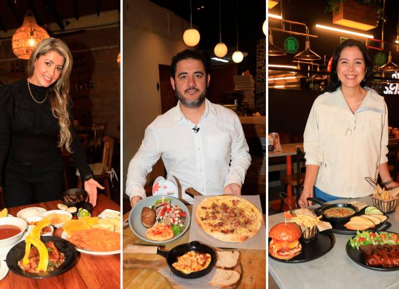 Maryory Montes (Restaurante El Trifásico), Daniel Hinestroza (Olivia) y Catalina Giraldo (Barbacoa) muestran algunos de los platos que se ofrecerán en el festival Envigado al plato. FOTO esneyder gutiérrez