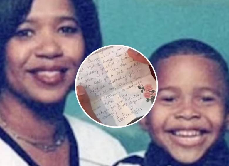La auxiliar de vuelo Cee Cee Lyles junto a su hijo Jevon Castrillo y la carta que este joven recibió 24 años después por parte de su maestra de la escuela. FOTO: Redes sociales video WPTV