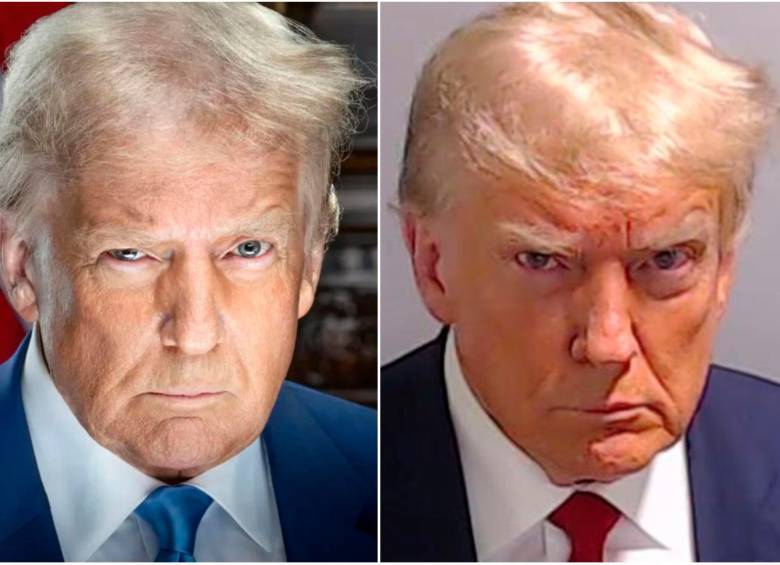 En ambas fotos, el retrato oficial y la reseña policial, el presidente electo tiene la misma expresión. FOTOS: Prensa Donald Trump y tomada de X @realDonaldTrump 