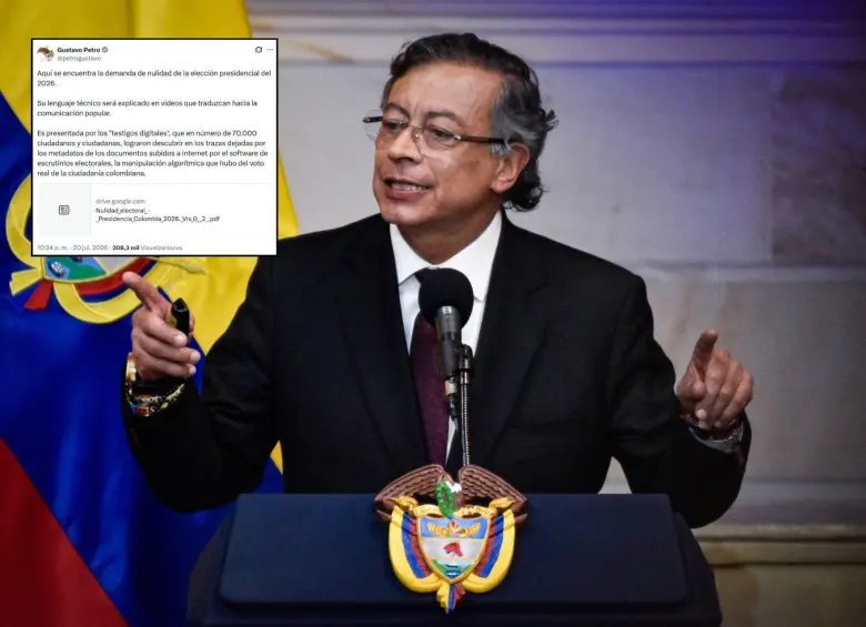 El presidente Gustavo Petro hizo pública en su cuenta de X un nuevo documento que contiene una demanda de nulidad electoral contra Abelardo de la Espriella y José Manuel Restrepo. Fotos: Colprensa y captura de X @petrogustavo