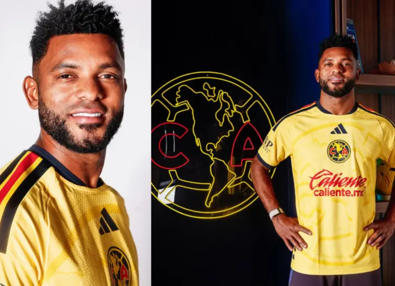 Miguel Ángel Borja posa con la camiseta del América de México tras ser presentado como nuevo refuerzo del equipo. Foto: redes sociales @clubamerica