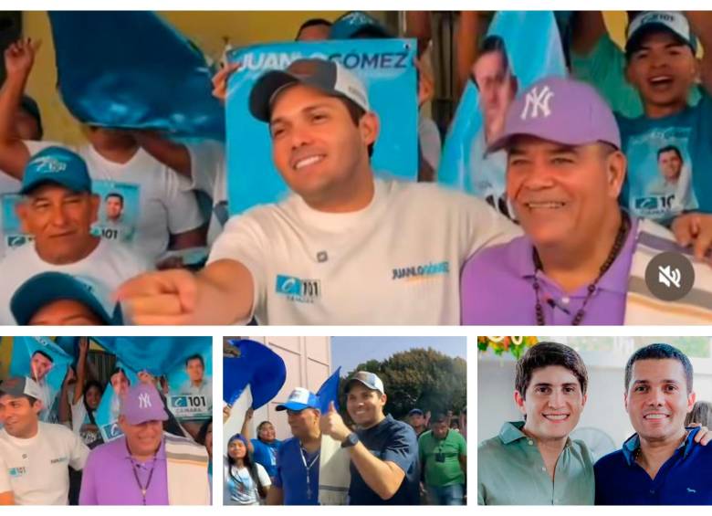El apoyo de “Santa” (vestido con prendas moradas) a la campaña de Gómez (camiseta blanca), sumado a los cuestionamientos que rodean a su dupla Wadith Manzur (abajo, con camisa verde) y a viejos escándalos regionales, vuelve a poner bajo la lupa las alianzas y financiamiento en la contienda electoral. FOTO: REDES SOCIALES