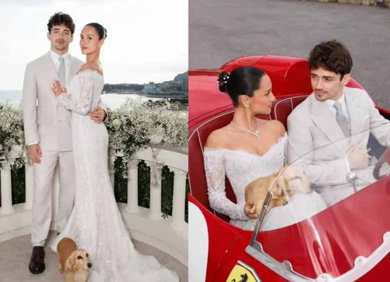 Charles Leclerc y Alexandra Saint Mleux posan tras su boda en Mónaco, donde recorrieron las calles del Principado en un Ferrari clásico con el Mediterráneo como telón de fondo. FOTO: tomadas de Instagram Alexandra Saint Mleux Lecrerc, /@germanlarkin @gregfinck @side.quest.