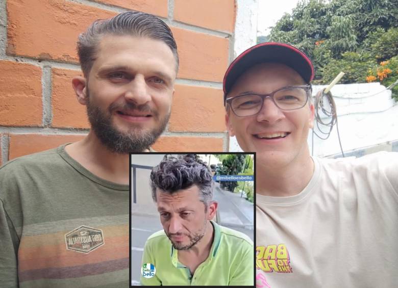 Adelante, Michael Wältl, desorientado en las calles de Bello. Atrás, a la izquierda, tras su proceso de recuperación. FOTO: Cortesía