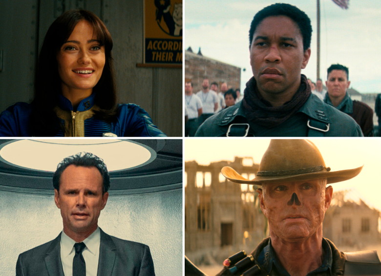 Arriba Ella Purnell y Aaron Moten. Abajo Walton Goggins antes de ser Necrófago y luego con su impresionante maquillaje. FOTOS Cortesía Prime Video
