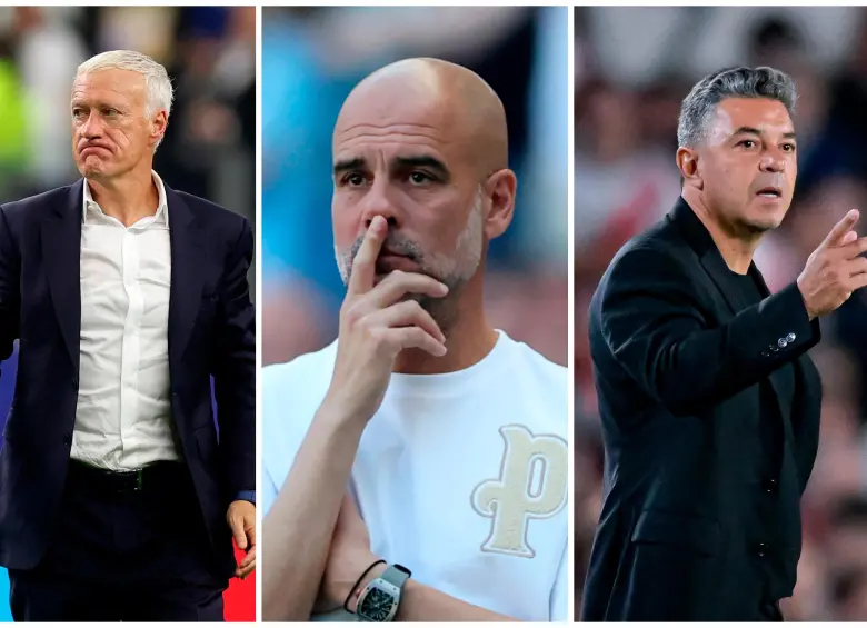 Didier Deschamps (izquierda), Pep Guardiola (centro) y Marcelo Gallardo (derecha) son tres de los mejores entrenadores libres en el fútbol mundial. FOTO GETTY 