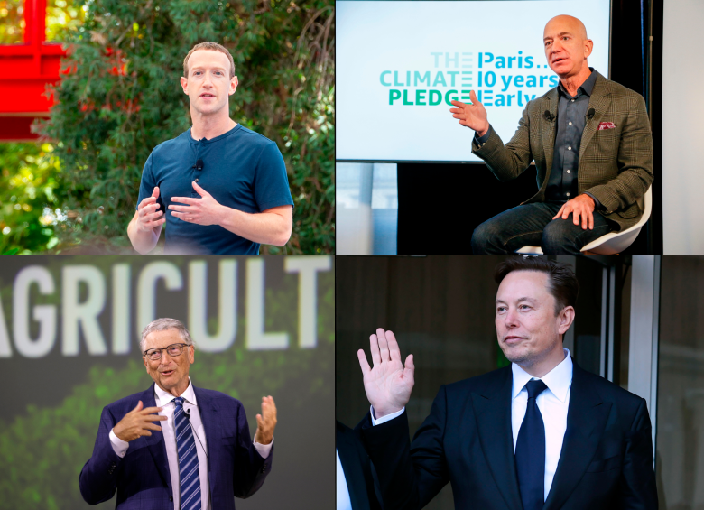 De izq. a der. Mark Zuckerberg, fundador de Meta, Jeff Bezos, fundador de Amazon, Bill Gates, fundador de Microsoft y Elon Musk, fundador de SpaceX. Fotos: Getty.