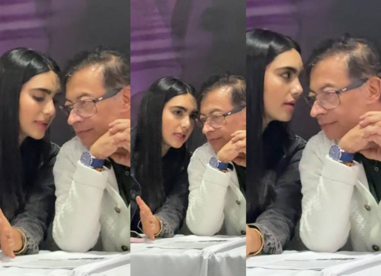 Gabriela Muñoz le habla al oído al expresidente Gustavo Petro durante una reunión de la bancada del Pacto Histórico, realizada en Bogotá. Foto: captura de video redes sociales @AlejoToroAnt