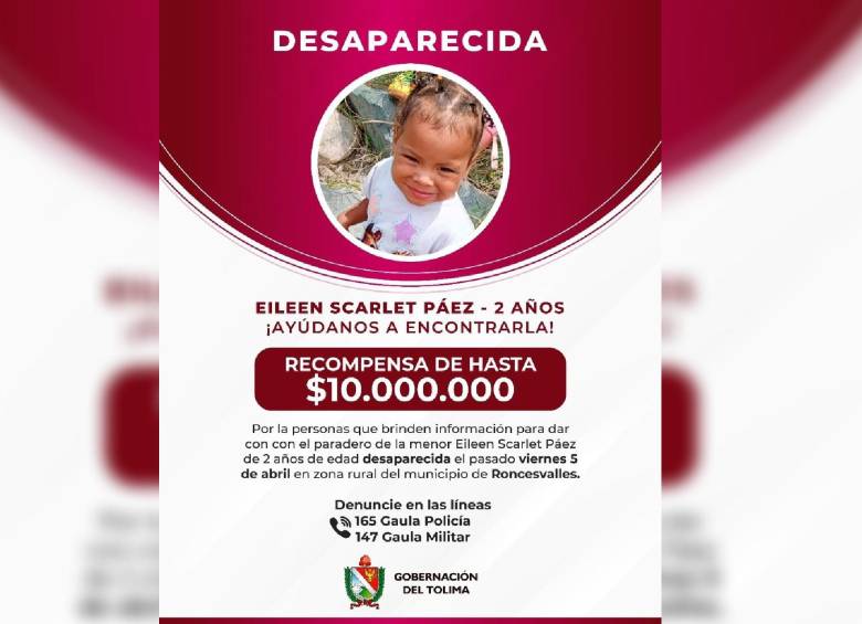 La pequeña Eileen Scarlet Páez fue reportada como desaparecida el pasado viernes 5 de abril en el municipio de Roncesvalles. FOTO: Gobernación de Tolima