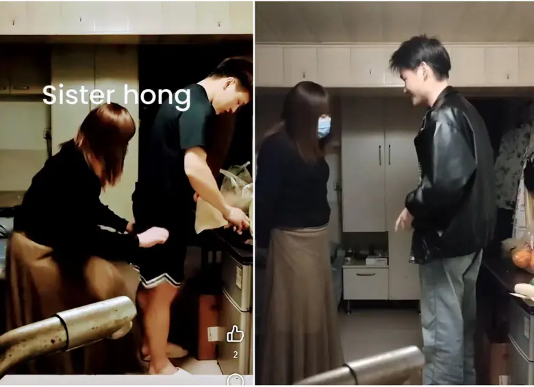 El hombre disfrazado como ‘Sister Hong’ con algunos de los hombres víctimas que cayeron en su mentira. FOTO: Redes sociales