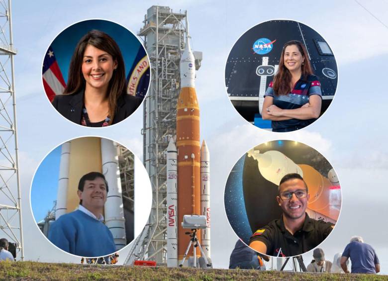 Diana Trujillo, Liliana Villarreal, Iván Ramírez y Juan Felipe García son los ingenieros colombianos que hacen parte de la misión Artemis II que este miércoles inicia su viaje a la Luna. FOTOS: Getty, Vanguardia y tomada de redes sociales 