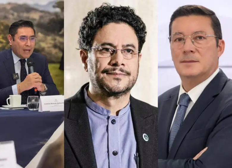 De izquierda a derecha: Cristian Quiroz, presidente del CNE; Iván Cepeda, excandidato presidencial; Hernán Penagos, registrador nacional. FOTO Colprensa