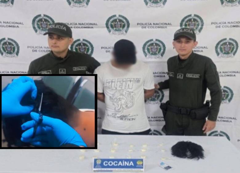 El hombre llevaba en una peluca más de 220 gramos de cocaína. Fotos: Policía