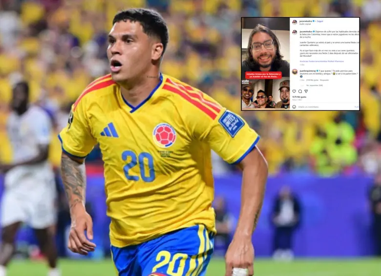 Juan Fernando Quintero le respondió a un influencer que lo criticó por una celebración privada tras regresar al país luego de participar en el Mundial. Fotos: Juan Antonio Sánchez y captura de pantalla @jacomelodice