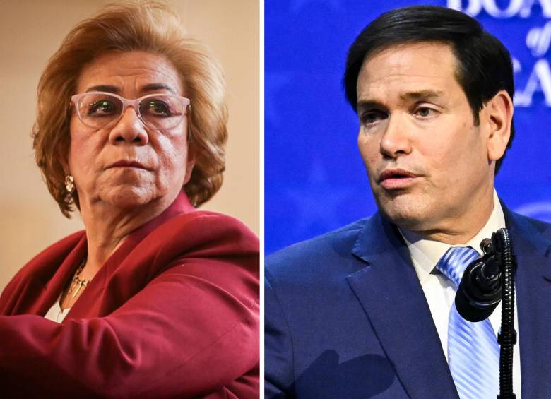La canciller Rosa Villaviciencio y el secretario de Estado de EE. UU., Marco Rubio. FOTOS: Colprensa y AFP