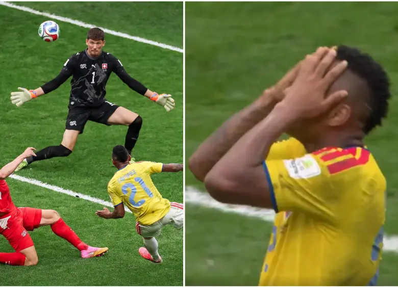 Un despeje fallido de la zaga europea dejó a Jáminton Campaz con el balón dominado y el arco a su merced, pero el atacante erró un increíble remate por encima del travesaño. FOTO: Getty y captura de video de redes sociales @DSports