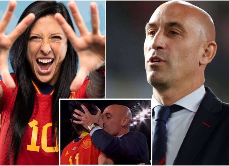 Jenni Hermoso, campeona del mundo con España, fue besada por el expresidente de la Real Federación Española de Fútbol, Luis Rubiales, en medio de la celebración del título en 2023. FOTO: Tomada de redes sociales, Getty y captura de video