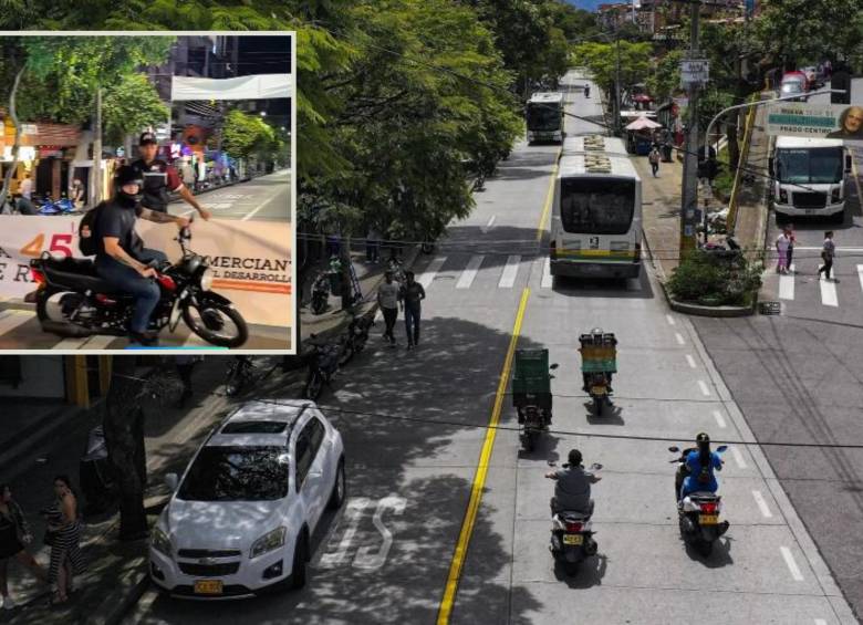 Adelante, peatonalización de la carrera 45 en Manrique. Atrás, invasión del carril del Metroplús por parte de conductores. Foto: Manuel Saldarriaga Quintero e imagen tomada de redes.