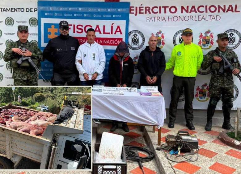 Adelante, parte de la carne en mal estado encontrada por las autoridades. Atras, los detenidos en los operativos. FOTO: imagen tomada de redes.