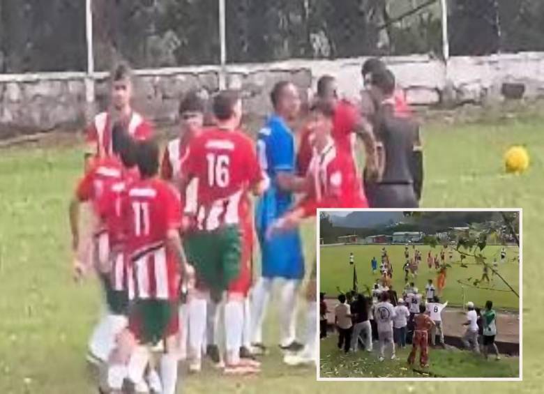 Imágenes del incidente en el partido Jardín–Pueblorrico que debió suspenderse. FOTO: imagen tomada de redes del portal Pueblorrico Mercado Libre y de la cuenta Rafa Flórez.