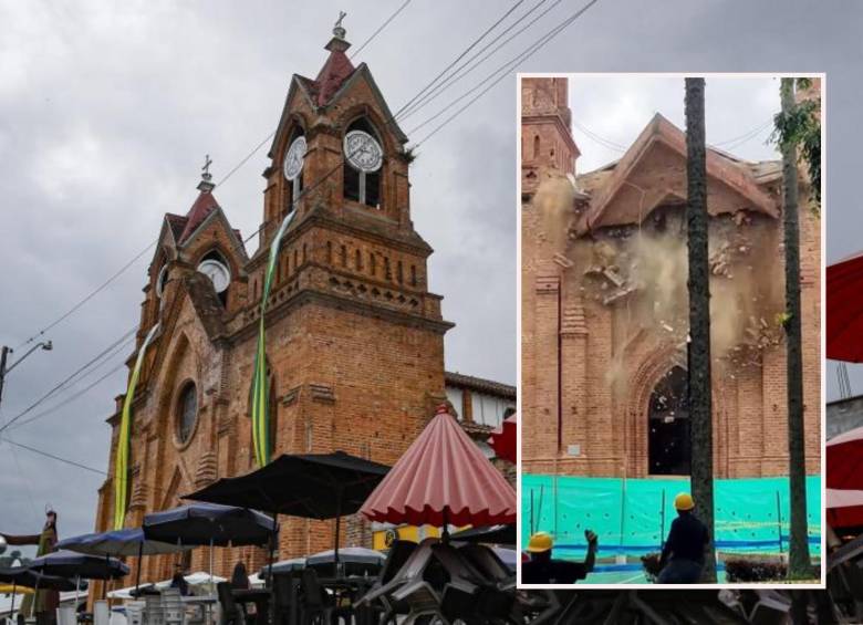 Adelante, la demolición en el Templo de San José de Venecia. Atrás, fachada del mismo en el pasado. Foto: Manuel Saldarriaga Quintero e imagen tomada de redes.