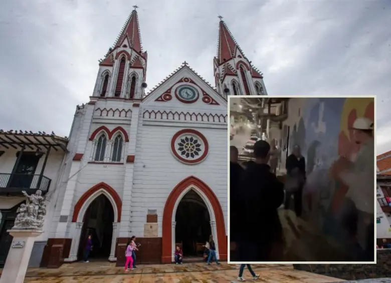 Adelante, imagen del tiroteo. Atrás, fachada del parque de La Ceja, donde ocurrieron los hechos. Foto: EL COLOMBIANO y Cortesía Denuncias Antioquia.