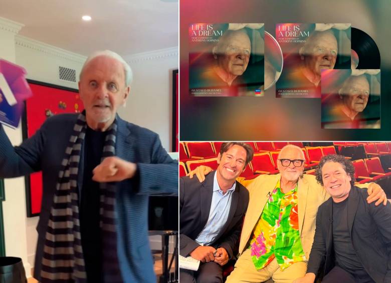 Anthony Hopkins celebra su número uno, al lado la portada del disco y abajo con Gustavo Dudamel, quien dirigió la orquesta para esta álbum. FOTOS Cortesía @AnthonyHopkins