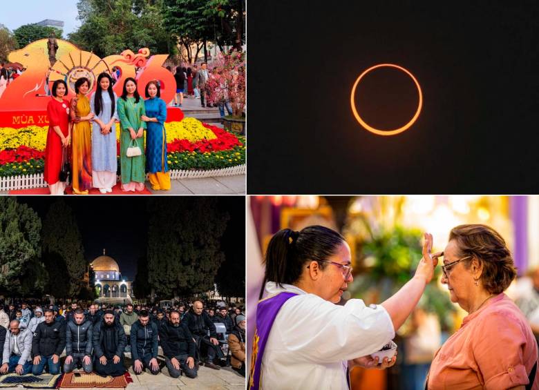 Año Nuevo Chino, eclipse (que no fue visible en nuestra región), Ramadán y Miércoles de Ceniza, todo ocurriendo en una misma semana. FOTOS Juan Diego Ortiz, cortesía, Getty y EL COLOMBIANO. 