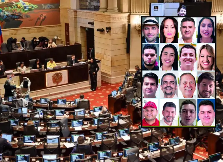 Adelante, algunos de los 17 representantes a la Cámara por Antioquia. Atrás, recinto de la Cámara de Representantes. FOTO: (Colprensa - Cristian Bayona) y Cortesía
