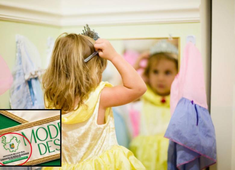 Adelante, los usos del escudo institucional de la Gobernación en la publicidad de la entidad privada. Atrás, imagen de referencia da un “reinado” infantil. FOTO: Getty e imagen tomada de redes.