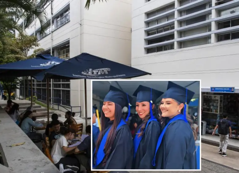 Adelante, las tres graduadas del municipio de Tarso. Atrás, campus del ITM. Foto: Julio César Herrera Echeverri