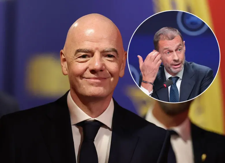 Gianni Infantino defiende la creación de una empresa para gestionar los derechos comerciales de los mundiales mientras que Aleksander Ceferin denuncia que se cruzó una línea que no se debió cruzar. Foto: Getty Images y AFP