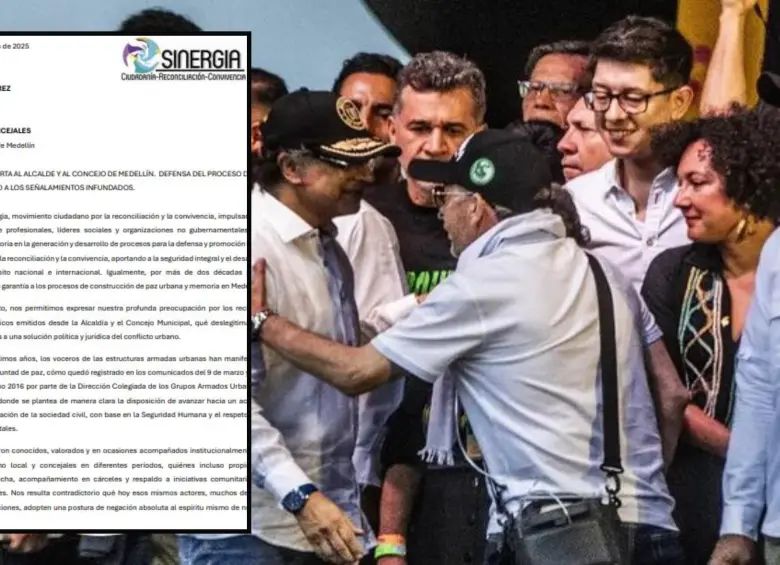 Adelante: Carta enviada por el Movimiento Sinergia. Atrás, evento del sábado en el que estuvo presente el presidente Petro. FOTO: Cortesía e imagen tomada de redes.