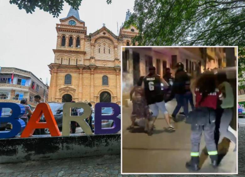 Adelante, imágenes de la pelea entre las dos familias. Atrás, el parque principal de Barbosa. Foto: Esneyder Gutiérrez Cardona