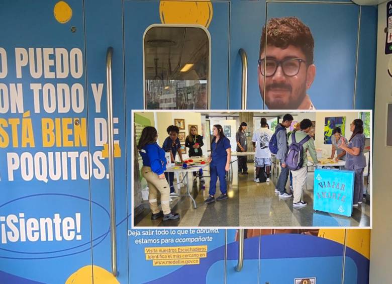 Adelante, una de las actividades programadas por el Metro. Atrás, así lucen los vagones del Tren de la Salud Mental. FOTO: Cortesía Metro de Medellín