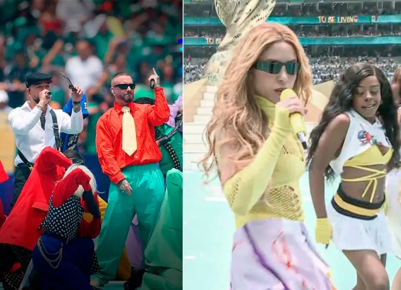 J Balvin, Ryan Castro y Shakira con Burna Boy en la inauguración del Mundial. FOTOS Getty y Captura de pantalla.