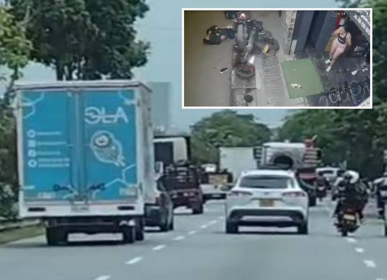 Arriba, caso de atropello en San Cristóbal. Abajo, “parrillero” de casco blanco le lanza objetos al camión. FOTO: Cortesía Denuncias Antioquia.