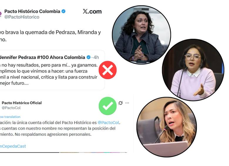 Desde la cuenta falsa atacaron a las candidatas Pedraza, Miranda y Lozano. El Pacto rechazó el mensaje. FOTOS: CAPTURA DE PANTALLA Y COLPRENSA.