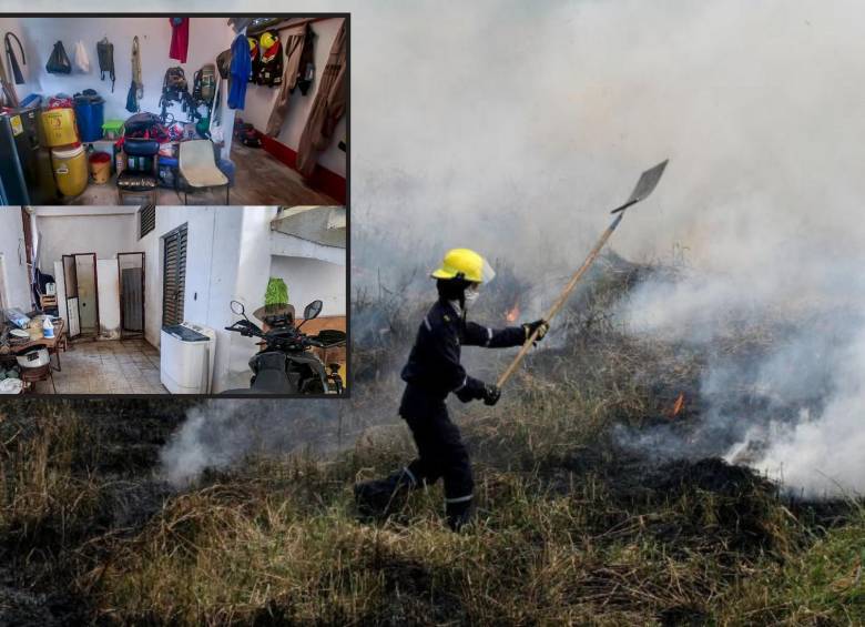 Adelante, algunas de las precarias condiciones en las que se encuentran varias estaciones de bomberos de Antioquia por la falta de recursos. Atrás, un rescatista atiende como puede un incendio forestal. FOTO: Juan Sánchez y Cortesía