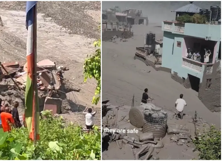 La vivienda logró mantenerse firme ante la avalancha que se llevaba todo a su alrededor. FOTO: Captura de video de redes sociales @aaditya_joxi_p y @gummibear737