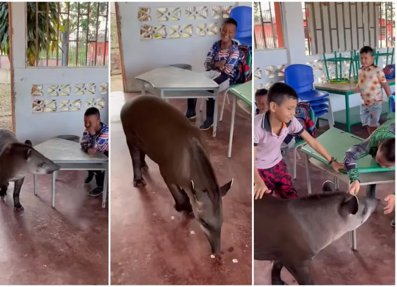 Los niños compartiendo con la danta en el salón. FOTO: Tomada de captura de video de @CristhianCamilo