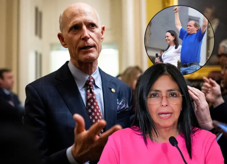 Rick Scott le lanzó una dura advertencia a la presidenta interina Delcy Rodríguez por la recaptura de Juan Pablo Guanipa. Fotos: Getty Images y AFP