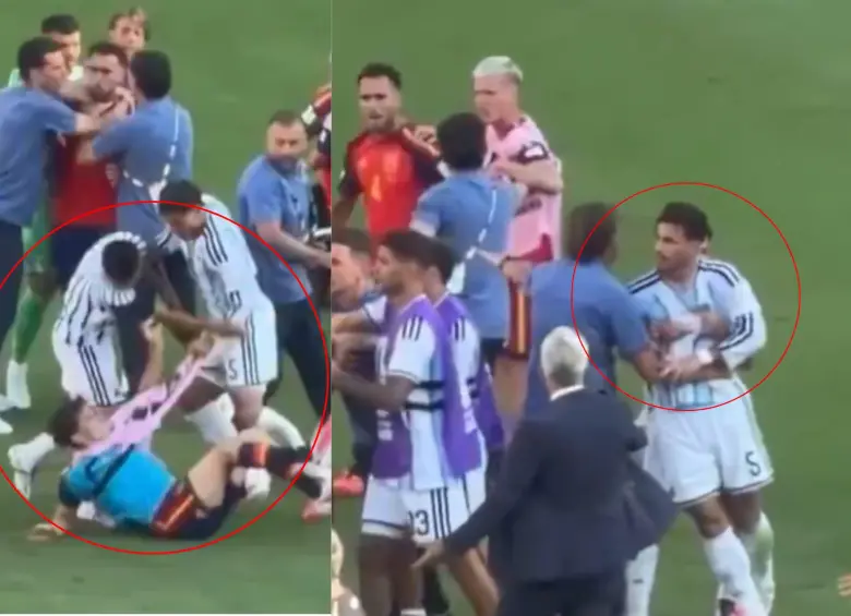 Así comenzó la pelea entre jugadores de Argentina y España tras la final del Mundial. Foto: captura de video redes sociales