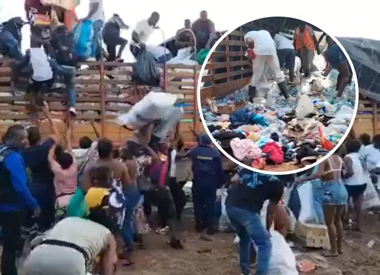 Personas sacan de manera desordenada las donaciones que eran transportadas en un tractocamión hacia Buenaventura para los damnificados por el terremoto. Foto: captura de video redes sociales