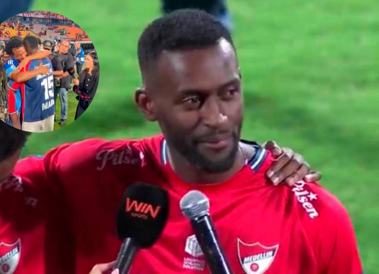 Jackson Martínez en su presentación con DIM. En el círculo, el abrazo entre el chocoano y Juan Guillermo Cuadrado. FOTO: Captura de vídeo