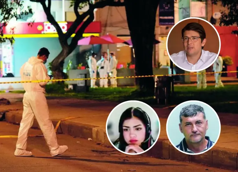 Investigadores y peritos de la Dijín de la Policía en la escena del atentado contra Miguel Uribe Turbay, el 7 de junio de 2025, en el Parque El Golfito. En los círculos, el senador asesinado, alias Gabriela y alias El Viejo. Foto: AFP.