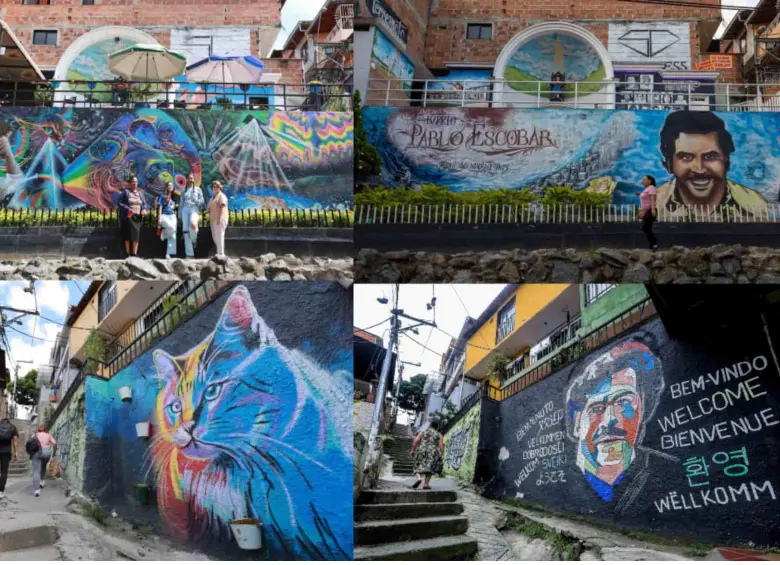 Cinco murales que hacían apología a Pablo Escobar fueron reemplazados por pinturas de animales y escenas míticas. Lo que para la Alcaldía ha sido la creación de un museo a cielo abierto, para algunos vecinos es un intento por borrar su memoria con el que no están de acuerdo. FOTOS EL COLOMBIANO