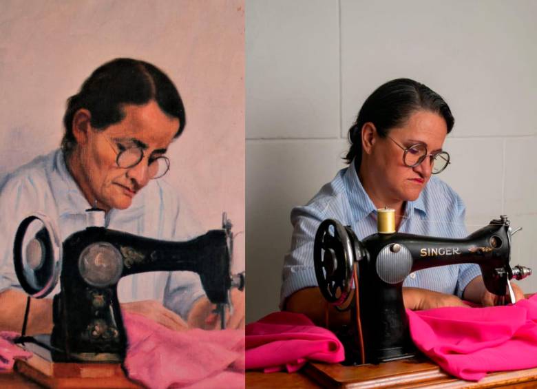 “La tejedora”, de Eladio Vélez, en una pieza recreada con Dora Santa Palacio, modista de la vereda Los sauces, de Jericó. FOTOS Cortesía Maja